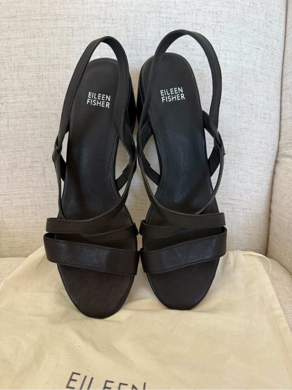 New Eileen Fisher Giga Block Heel Slingback Sandal Black Leather Women’s 9.5 - Picture 3 of 9
